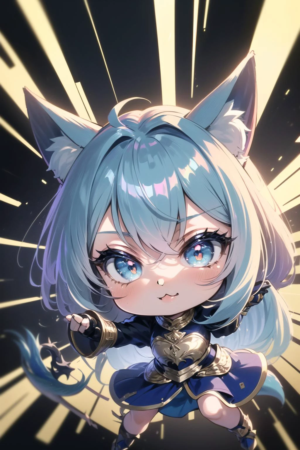 ((((chibi, qute, cute:1.5)))):2,(((Fantasy style))),masterpiece, best quality, ultra-detailed, glistening shiny, glowing light, ray tracing, HDR, deph of field, (perfect face, detailed face, detailed eyes),8k,HD,ultra realistic face,ray tracing,perfect lighting,best quality, ultra-detailed, shiny eyes, (looking at viewer,:3_smile:1.1), ((1girl)), (gyaru, mature female:1.4),hourglass_body shape,
((sky_blue gradient hair)), (multicolored hair),(sky_blue hair tips), (sky_blue hair) ,((blue_eyes)),multicolored eyes, gradient eyes, (glowing eyes:1.1), mascara, (fashion make up), parted lips,((fox ears,tail,fox tail)),((monster_slayer armor)), ((dragon scale armor)):1.8, dragon claw gloves, spear,holding spear, enchanted metal spear,
(dragon island,dragons in the air,huge dragon up close),complex background, dynamic pose, ((8k wall paper)), ((8k wallpaper)),complex background, dynamic pose, ((8k wall paper)), ((8k wallpaper))<lora:beautifulDetailedEyes_v10:0.85>