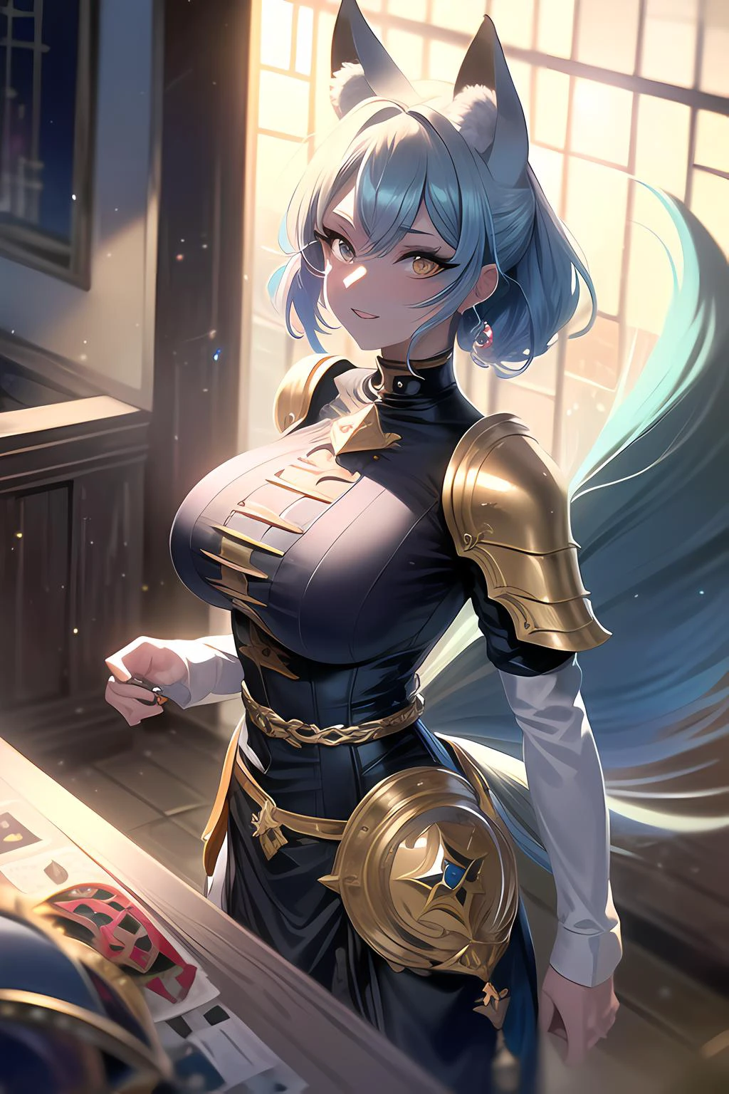 masterpiece, best quality, ultra-detailed, glistening shiny, glowing light, ray tracing, HDR, deph of field, (perfect face, detailed face, detailed eyes),(big boobs:1.2),8k,HD,ultra realistic face,ray tracing,perfect lighting,best quality, ultra-detailed, shiny eyes, (looking at viewer,:3_smile:1.1), (1girl), (gyaru, mature female:1.4),((far_view)):1.5,
(((<lora:beautifulDetailedEyes_v10:1.3>,))),((sky_blue gradient hair)), (multicolored hair),(sky_blue hair tips), (sky_blue hair) ,((blue_eyes)),multicolored eyes, gradient eyes, (glowing eyes:1.1), mascara, (fashion make up), parted lips,((fox ears,tail,fox tail)),knight,knight armor, gold details on armor, shoulder armor, leather belt, gold pouches, gold belt pouches,
(guild, guild lobby, round tables, quest board, adventurers, windows, village view, wooden pillars),complex background, dynamic pose, ((8k wall paper)), ((8k wallpaper))