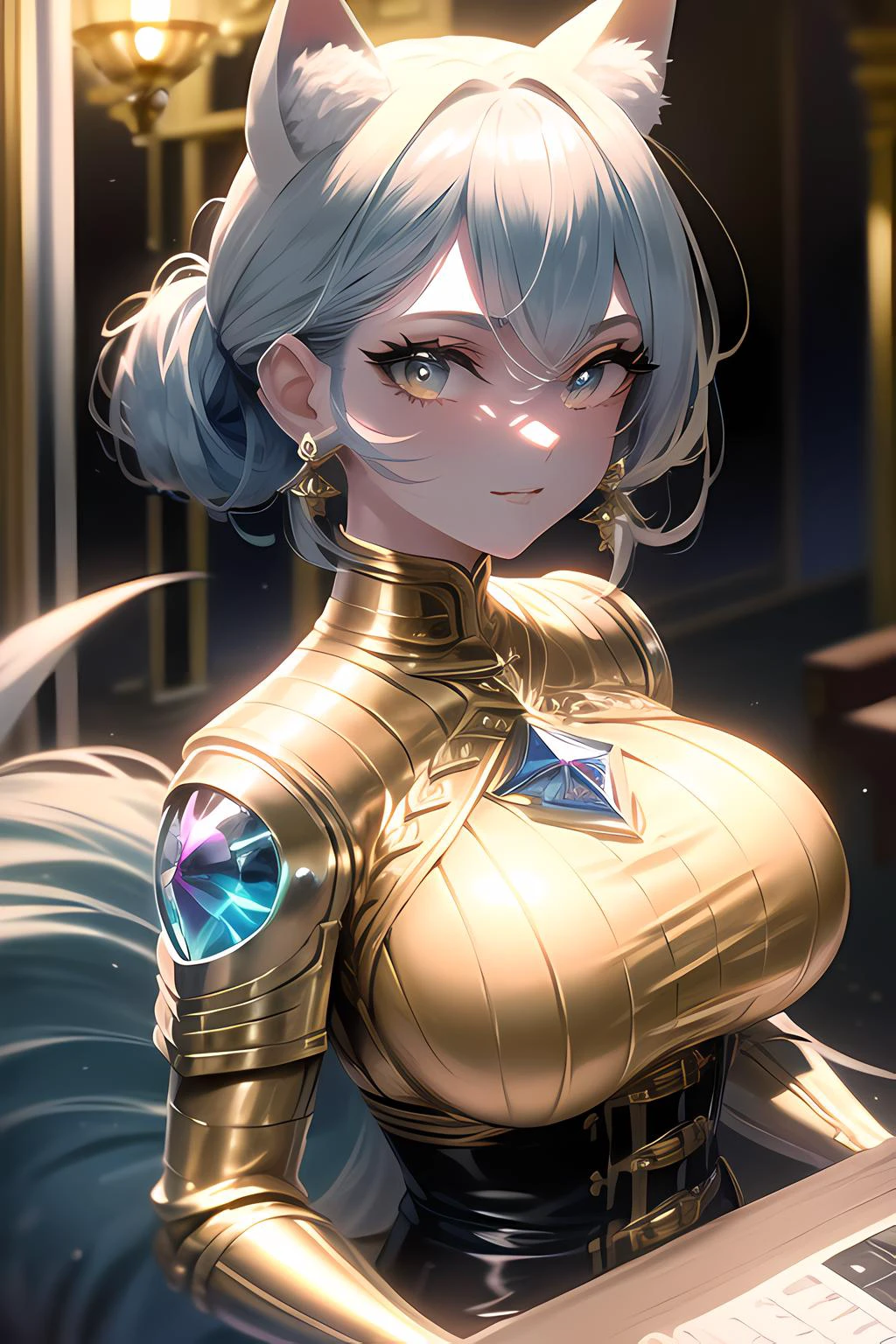 masterpiece, best quality, ultra-detailed, glistening shiny, glowing light, ray tracing, HDR, deph of field, (perfect face, detailed face, detailed eyes),(big boobs:1.2),8k,HD,ultra realistic face,ray tracing,perfect lighting,best quality, ultra-detailed, shiny eyes, (looking at viewer,:3_smile:1.1), (1girl), (gyaru, mature female:1.4),((far_view)):1.5,
(((<lora:beautifulDetailedEyes_v10:1.3>,))),((sky_blue gradient hair)), (multicolored hair),(sky_blue hair tips), (sky_blue hair) ,((blue_eyes)),multicolored eyes, gradient eyes, (glowing eyes:1.1), mascara, (fashion make up), parted lips,((fox ears,tail,fox tail)),knight,knight armor, gold details on armor, shoulder armor, leather belt, gold pouches, gold belt pouches,
(guild, guild lobby, round tables, quest board, adventurers, windows, village view, wooden pillars),complex background, dynamic pose, ((8k wall paper)), ((8k wallpaper))