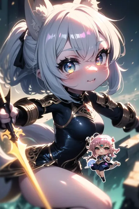 ((((chibi, qute, cute:1.5)))):2,(((Fantasy style))),masterpiece, best quality, ultra-detailed, glistening shiny, glowing light, ray tracing, HDR, deph of field, (perfect face, detailed face, detailed eyes),8k,HD,ultra realistic face,ray tracing,perfect lighting,best quality, ultra-detailed, shiny eyes,  (looking at viewer,:3_smile:1.1), ((1girl)), (gyaru, mature female:1.4),hourglass_body shape,

((sky_blue gradient hair)), (multicolored hair),(sky_blue hair tips), (sky_blue hair) ,((blue_eyes)),multicolored eyes, gradient eyes, (glowing eyes:1.1), mascara, (fashion make up), parted lips,((fox ears,tail,fox tail)),((monster_slayer armor)), ((dragon scale armor)):1.8, dragon claw gloves, spear,holding spear, enchanted metal spear,
(dragon island,dragons in the air,huge dragon up close),complex background, dynamic pose, ((8k wall paper)), ((8k wallpaper)),complex background, dynamic pose, ((8k wall paper)), ((8k wallpaper))<lora:beautifulDetailedEyes_v10:0.85>