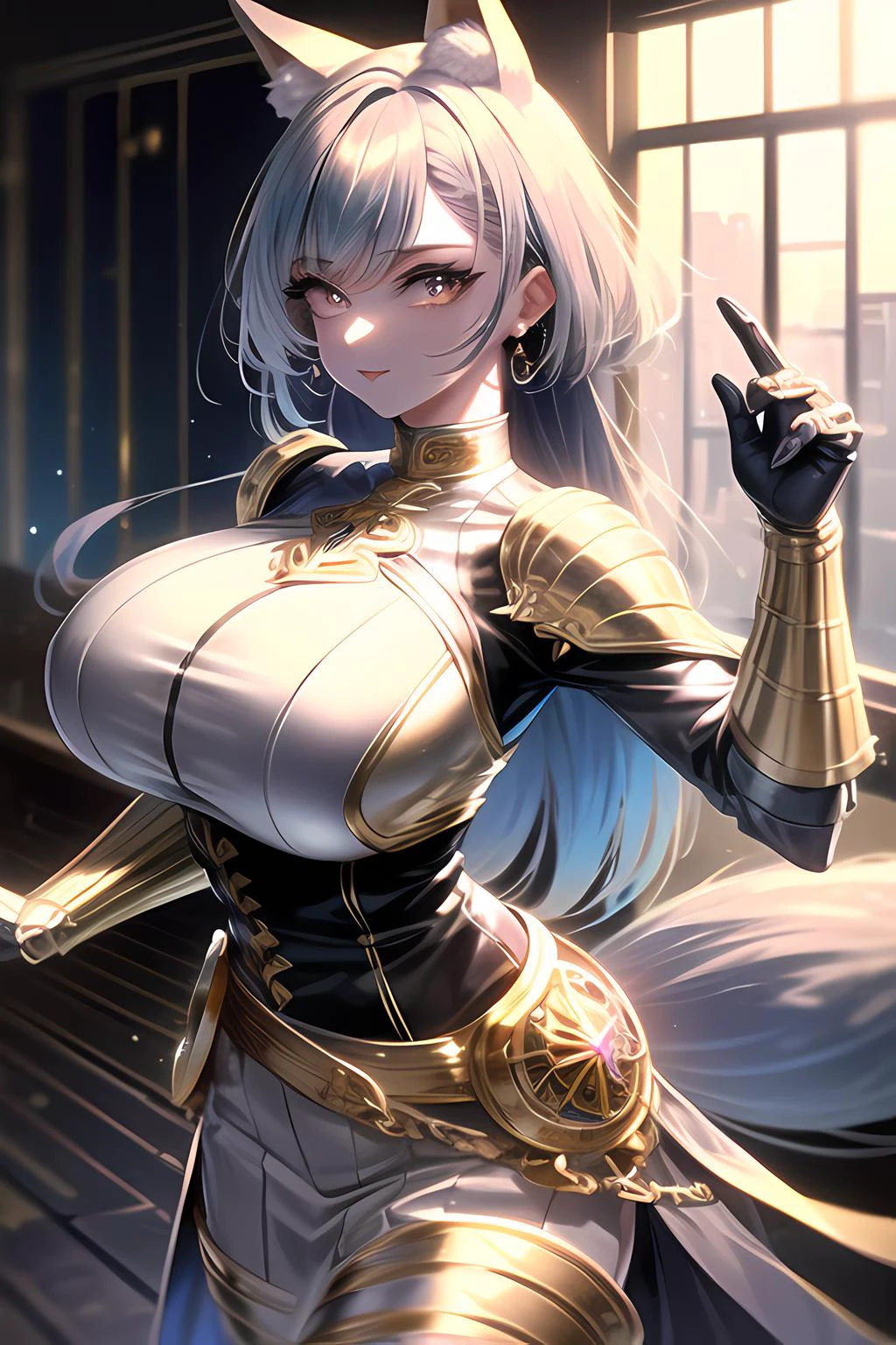masterpiece, best quality, ultra-detailed, glistening shiny, glowing light, ray tracing, HDR, deph of field, (perfect face, detailed face, detailed eyes),(big boobs:1.2),8k,HD,ultra realistic face,ray tracing,perfect lighting,best quality, ultra-detailed, shiny eyes, (looking at viewer,:3_smile:1.1), (1girl), (gyaru, mature female:1.4),((far_view)):1.5,
(((<lora:beautifulDetailedEyes_v10:1.3>,))),((sky_blue gradient hair)), (multicolored hair),(sky_blue hair tips), (sky_blue hair) ,((blue_eyes)),multicolored eyes, gradient eyes, (glowing eyes:1.1), mascara, (fashion make up), parted lips,((fox ears,tail,fox tail)),knight,knight armor, gold details on armor, shoulder armor, leather belt, gold pouches, gold belt pouches,
(guild, guild lobby, round tables, quest board, adventurers, windows, village view, wooden pillars),complex background, dynamic pose, ((8k wall paper)), ((8k wallpaper))