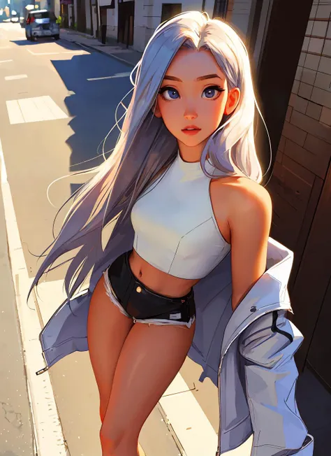 sam yang,(masterpiece:1.6, best quality), (finely detailed beautiful eyes: 1.2), (Overhead view), high quality, beautiful face, 1girl, wide shot, white crop top, leather short shorts, oversized leather jacket, open shoulders, silver hair, long hair, wide hips, (leaning to the side, ), street, background, detailed background, <lora:samdoesartsSamYang_offset:1>