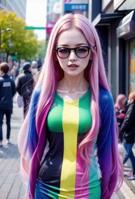 1 Girl, rainbow girl, gradient hair, <lora:Gradient-02:1> outside, in street, people around, <lora:Arin-02:0.7>