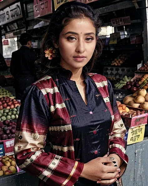 high quality fashion photography, photo of a koir woman wearing colorful high-neck Churidar Suit, looking at camera, anatomically correct, market stall background  <lora:koir_Manisha_Koirala_SD15_LoRA_AdamW_local_20imgs:0.8>