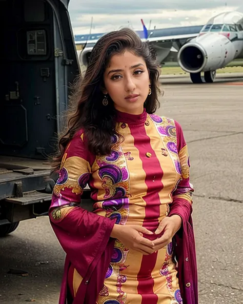 ultrasharp photo of a koir woman wearing colorful high-neck Indo-Western Gown, looking at camera, anatomically correct, airfield background  <lora:koir_Manisha_Koirala_SD15_LoRA_AdamW_local_20imgs:0.8>