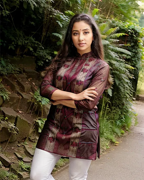 ultrasharp photo of a koir woman wearing intricate high-neck Kurti with Leggings, looking at camera, anatomically correct, path background  <lora:koir_Manisha_Koirala_SD15_LoRA_AdamW_local_20imgs:0.8>