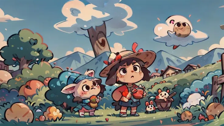 carrot,no humans,outdoors,hat,cloud,sky,sweat,fence,bucket,day,pokemon \(creature\),solo,standing,dog,sun,tomato,grass,potato,black eyes,blue sky,sweatdrop,cloudy sky,<lora:qline:1>,qline