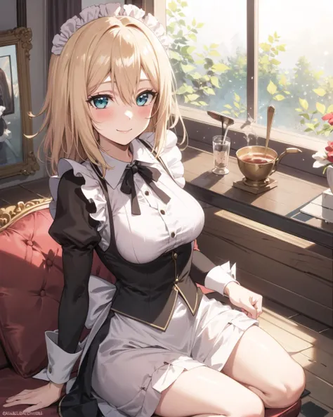masterpiece, best quality, 1 girl, <lora:Olivia:0.4>, Olivia, blonde hair, aqua eyes, medium hair, maid suit, medium breasts, blush, light smile,