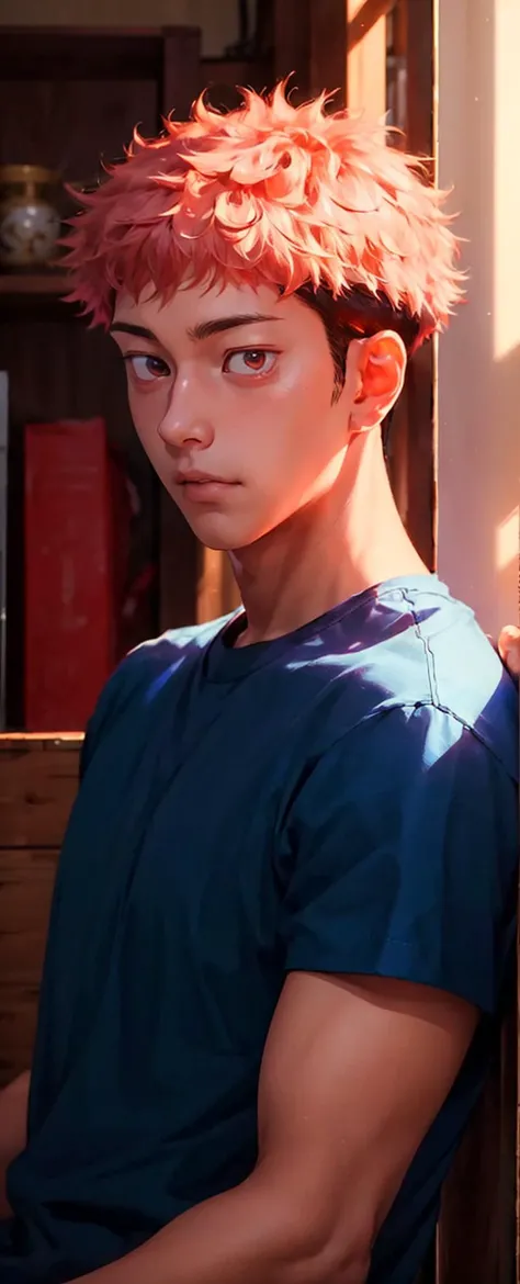 masterpiece,best quality,absurdres,1boy,upper body,portrait,dynamic_angle,rim light,looking_at_screen,<lora:Yuji Itadori:0.8>,Yuji Itadori,