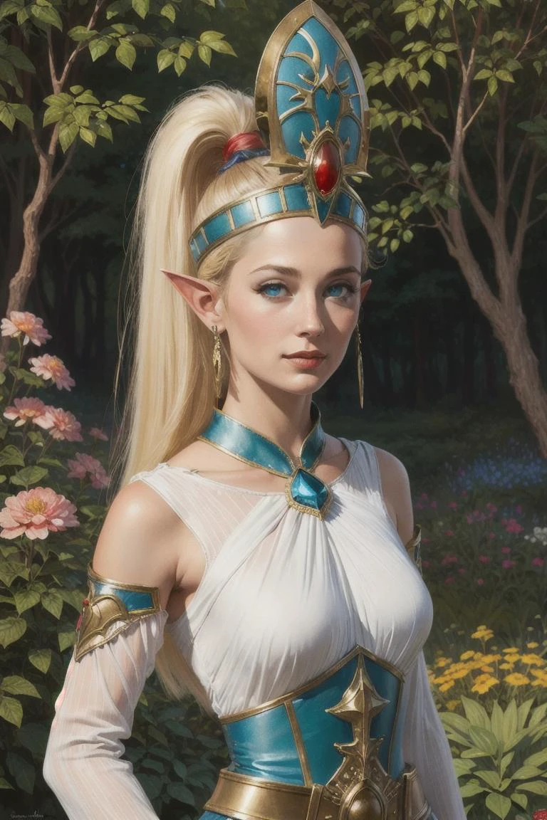 alarielle, elf, blonde hair, long ponytail hair, helmet, blue eyes, detached sleeves, jewelry, pointy ears, standing, garden background, (oil painting:1.2), (beautiful eyes, detailed pupils:1.2), by (Clyde caldwell, frank frazetta, Larry Elmore:1.2), dnd, fantasy art, best quality, masterpiece, <lora:Alarielle:0.7>