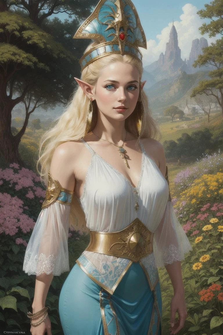 alarielle, elf, blonde hair, long hair, helmet, blue eyes, detached sleeves, jewelry, pointy ears, standing, garden background, (oil painting:1.2), (beautiful eyes, detailed pupils:1.2), by (Clyde caldwell, frank frazetta, Larry Elmore:1.2), dnd, fantasy art, best quality, masterpiece, <lora:Alarielle:0.7>