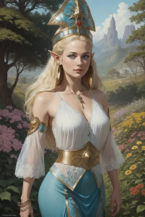 alarielle, elf, blonde hair, long hair, helmet, blue eyes, detached sleeves,  jewelry, pointy ears, standing, garden background, (oil painting:1.2), (beautiful eyes, detailed pupils:1.2), by (Clyde caldwell, frank frazetta, Larry Elmore:1.2), dnd, fantasy art, best quality, masterpiece, <lora:Alarielle:0.7>