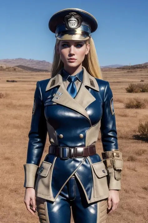 breathtaking cinematic film still posing militaristically in the wasteland, military salute <lora:enclave15test:0.7> enclaveuni, uniform, necktie, belt, peaked cap <lora:Alarielle:0.7> alarielle, lithe body, long blonde hair, ponytail, blue eyes, pointy ears shallow depth of field, vignette, highly detailed, high budget Hollywood , bokeh, cinemascope, moody, epic, gorgeous, film grain, grainy . award-winning, professional, highly detailed