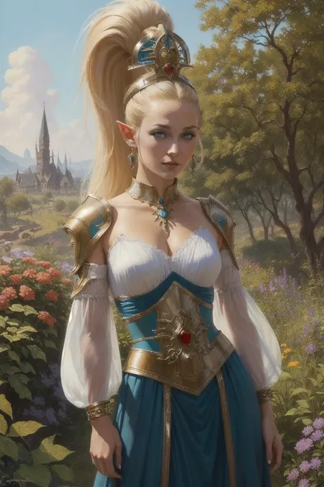 alarielle, elf, blonde hair, long ponytail hair, helmet, blue eyes, detached sleeves,  jewelry, pointy ears, standing, garden background, (oil painting:1.2), (beautiful eyes, detailed pupils:1.2), by (Clyde caldwell, frank frazetta, Larry Elmore:1.2), dnd, fantasy art, best quality, masterpiece, <lora:Alarielle:0.7>