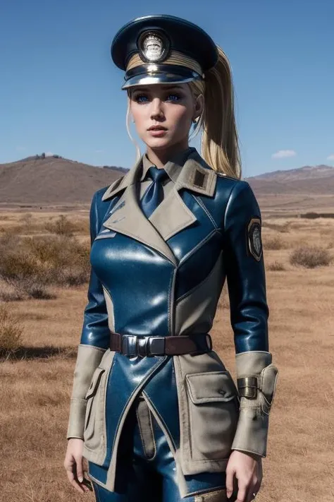 breathtaking cinematic film still posing militaristically in the wasteland, military salute <lora:enclave15test:0.7> enclaveuni, uniform, necktie, belt, peaked cap <lora:Alarielle:0.7> alarielle, lithe body, long blonde hair, ponytail, blue eyes, pointy ears shallow depth of field, vignette, highly detailed, high budget Hollywood , bokeh, cinemascope, moody, epic, gorgeous, film grain, grainy . award-winning, professional, highly detailed
