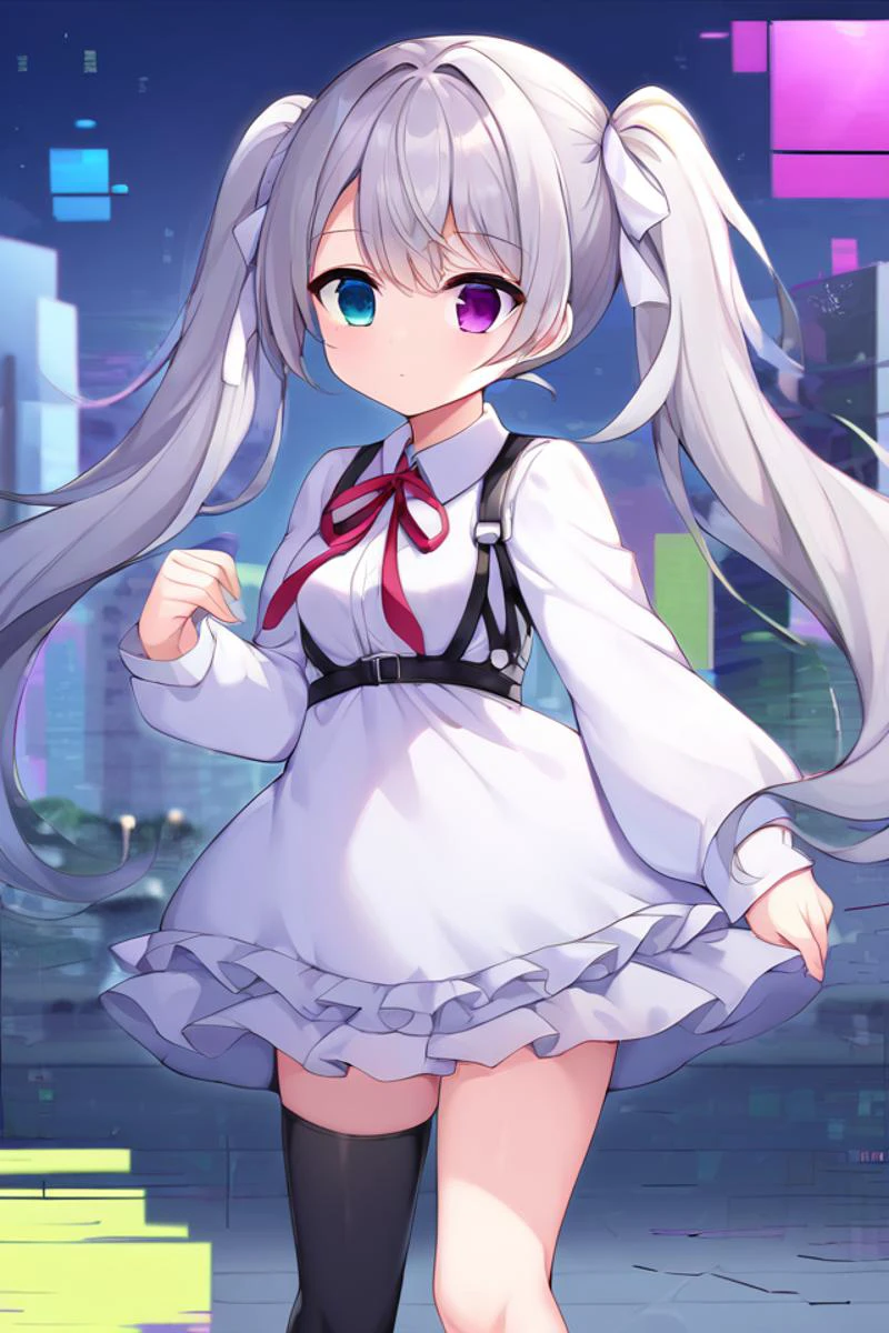 core_9, score_8_up, score_7_up, source_anime , masterpiece, best quality, illustration, moe, cute, uncensored, BREAK
<lora:GlitchingXL:1.3> (glitch:1.4), (glitching:1.2), <lora:projectsekai_25-jimiku_ponyXL:1.0> 25-jimiku, expressionless, grey hair, twintails, hair ribbon, heterochromia, blue eyes, purple eyes, (empty eyes:1.2), frills, white dress, frilled dress, neck ribbon, red ribbon, chest harness, long sleeves, single thighhigh, black thighhighs, outdoors, city, dim light,rain,