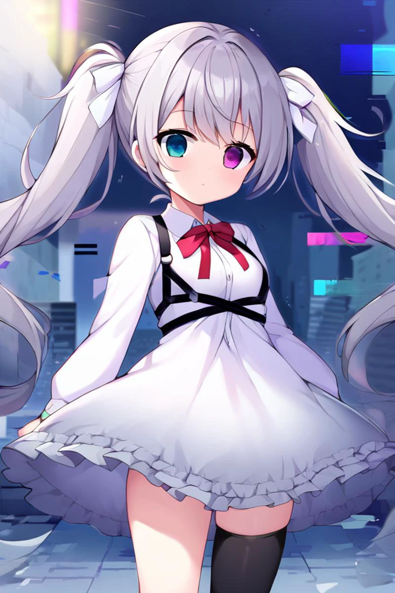 core_9, score_8_up, score_7_up, source_anime , masterpiece, best quality, illustration, moe, cute, uncensored, BREAK
<lora:GlitchingXL:1.3> (glitch:1.4), (glitching:1.2), <lora:projectsekai_25-jimiku_ponyXL:1.0> 25-jimiku, expressionless, grey hair, twintails, hair ribbon, heterochromia, blue eyes, purple eyes, (empty eyes:1.2), frills, white dress, frilled dress, neck ribbon, red ribbon, chest harness, long sleeves, single thighhigh, black thighhighs, outdoors, city, dim light,rain,
