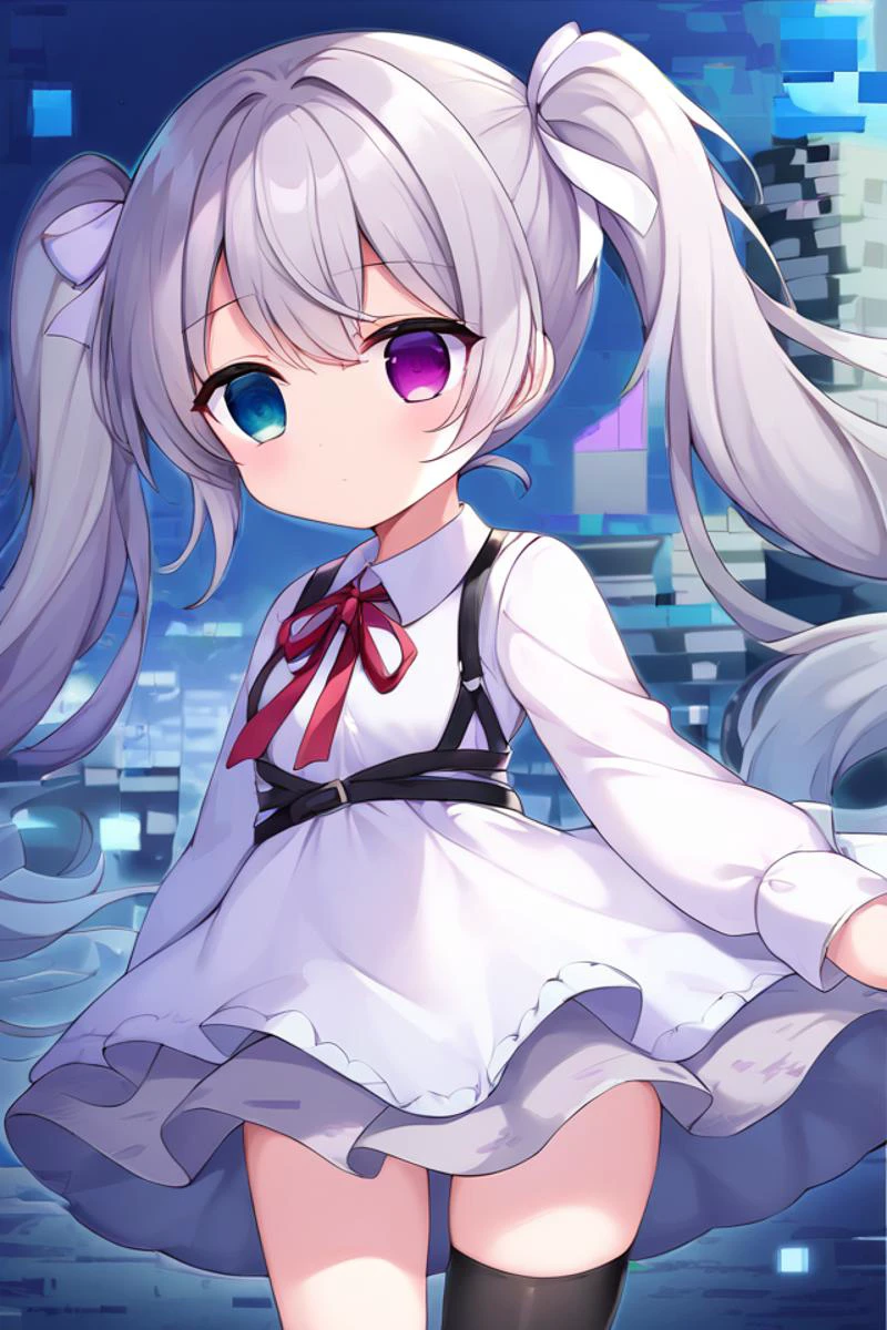 core_9, score_8_up, score_7_up, source_anime , masterpiece, best quality, illustration, moe, cute, uncensored, BREAK
<lora:GlitchingXL:1.3> (glitch:1.4), (glitching:1.2), <lora:projectsekai_25-jimiku_ponyXL:1.0> 25-jimiku, expressionless, grey hair, twintails, hair ribbon, heterochromia, blue eyes, purple eyes, (empty eyes:1.2), frills, white dress, frilled dress, neck ribbon, red ribbon, chest harness, long sleeves, single thighhigh, black thighhighs, outdoors, city, dim light,rain,