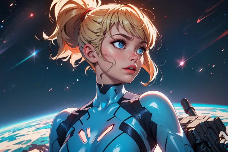 (zero suit:1), (zssamus:1), (woman:1), ((blue eyes)), (blue sci-fi suit:1), (blue suit:1.2), blonde hair, long ponytail, (tactical suit), (holding a sci-fi gun), (sci-fi weapon), cartoony facial features, large round eyes, bangs hair, (realistic:1.2), (masterpiece:1.2), (full-body-shot:1),(Cowboy-shot:1.2), light particles, space background, neon lighting, dark romantic lighting, (highly detailed:1.2),(detailed face:1.2), (gradients), colorful, detailed eyes, (one person), (detailed landscape:1.2), (natural lighting:1.2),(detailed background),detailed landscape, (dynamic pose:1.2), wide shot, solo, <lora:ZeroSuitSamus:0.8> <lora:add_detail:0.3> <lora:hipoly3DModelLora_v10:0.05> <lora:RSERomantic_RSESofiko_RSEEmma-v1:0.1>