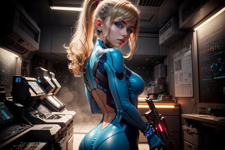(zero suit:1), (zssamus:1), (woman:1), ((blue eyes)), (blue sci-fi suit:1), (blue suit:1.2), blonde hair, long ponytail, (tactical suit), (holding a sci-fi gun), (sci-fi weapon), cartoony facial features, large round eyes, bangs hair, (realistic:1.2), (masterpiece:1.2), (full-body-shot:1),(Cowboy-shot:1.2), light particles, space background, neon lighting, dark romantic lighting, (highly detailed:1.2),(detailed face:1.2), (gradients), colorful, detailed eyes, (one person), (detailed landscape:1.2), (natural lighting:1.2),(detailed background),detailed landscape, (dynamic pose:1.2), wide shot, solo, <lora:ZeroSuitSamus:0.8> <lora:add_detail:0.3> <lora:hipoly3DModelLora_v10:0.05> <lora:RSERomantic_RSESofiko_RSEEmma-v1:0.1>