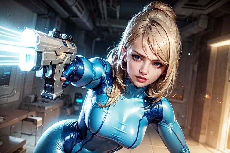 (zero suit:1), (zssamus:1), (woman:1), ((blue eyes)), (blue sci-fi suit:1), (blue suit:1.2), blonde hair, long ponytail, (tactical suit), (holding a sci-fi gun), (sci-fi weapon), cartoony facial features, large round eyes, bangs hair, (realistic:1.2), (masterpiece:1.2), (full-body-shot:1),(Cowboy-shot:1.2), light particles, space background, neon lighting, dark romantic lighting, (highly detailed:1.2),(detailed face:1.2), (gradients), colorful, detailed eyes, (one person), (detailed landscape:1.2), (natural lighting:1.2),(detailed background),detailed landscape, (dynamic pose:1.2), wide shot, solo, <lora:ZeroSuitSamus:0.8> <lora:add_detail:0.3> <lora:hipoly3DModelLora_v10:0.05> <lora:RSERomantic_RSESofiko_RSEEmma-v1:0.1>