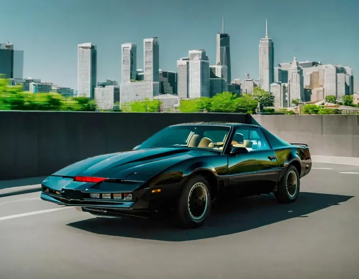 chrome car kitt1984 with a city in the background <lora:kitt1984XL:1>