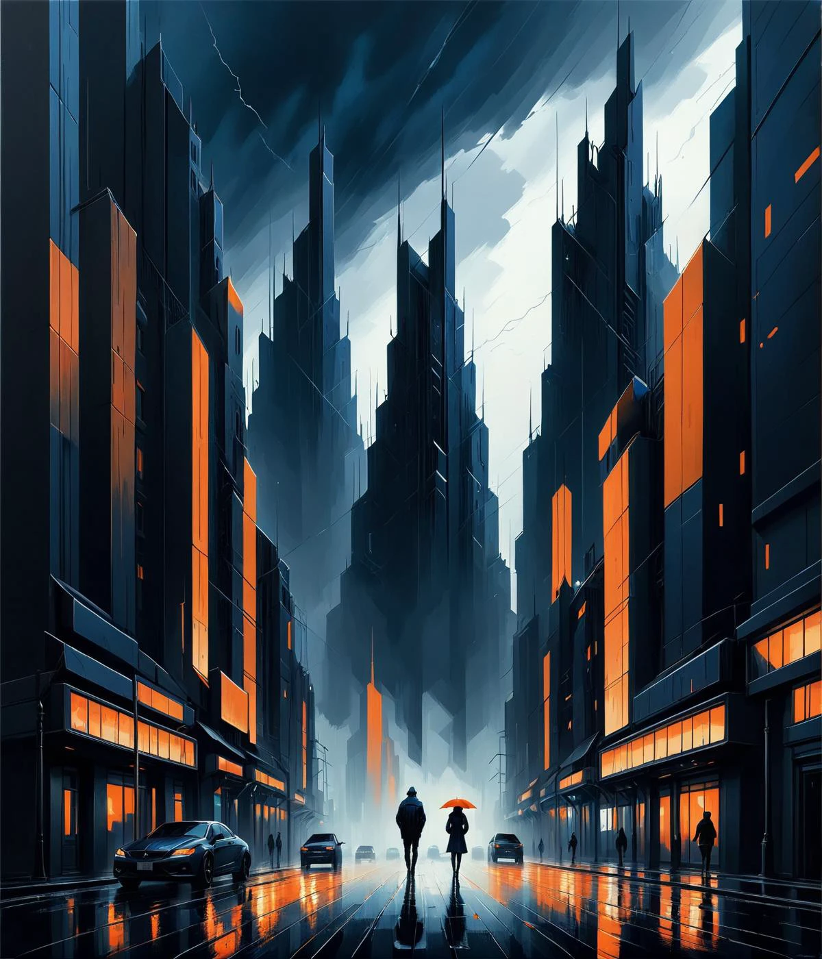 a painting, aestheticism, city background, stormy, dark blue and orange colors, Alena Aenami, Nicholas Sparks, dvr-shrp, <lora:dvr-shrp:1>