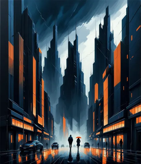 a painting, aestheticism, city background, stormy, dark blue and orange colors, Alena Aenami, Nicholas Sparks, dvr-shrp, <lora:dvr-shrp:1>