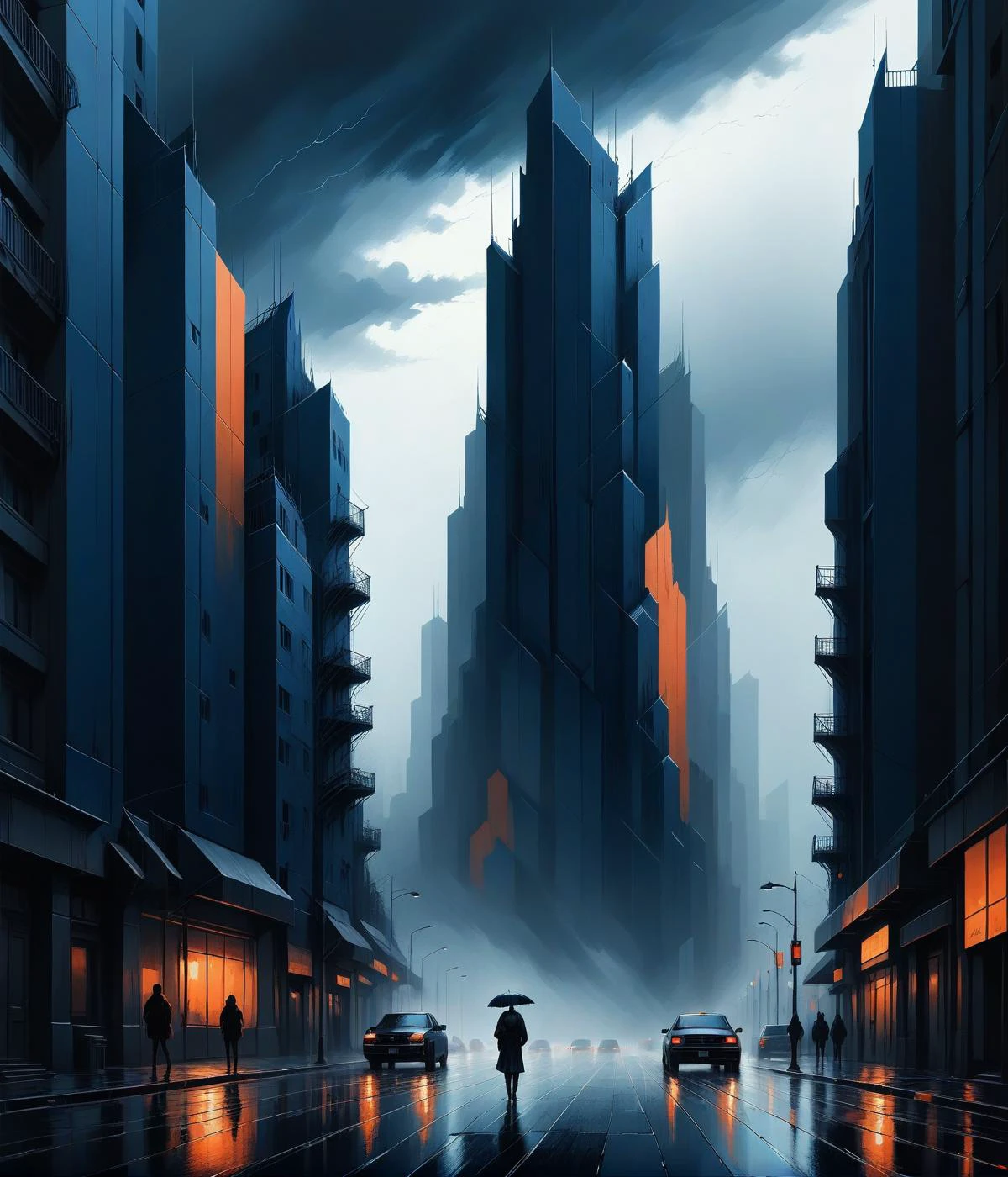a photorealistic painting, aestheticism, city background, stormy, dark blue and orange colors, Alena Aenami, Nicholas Sparks, dvr-shrp, <lora:dvr-shrp:1>