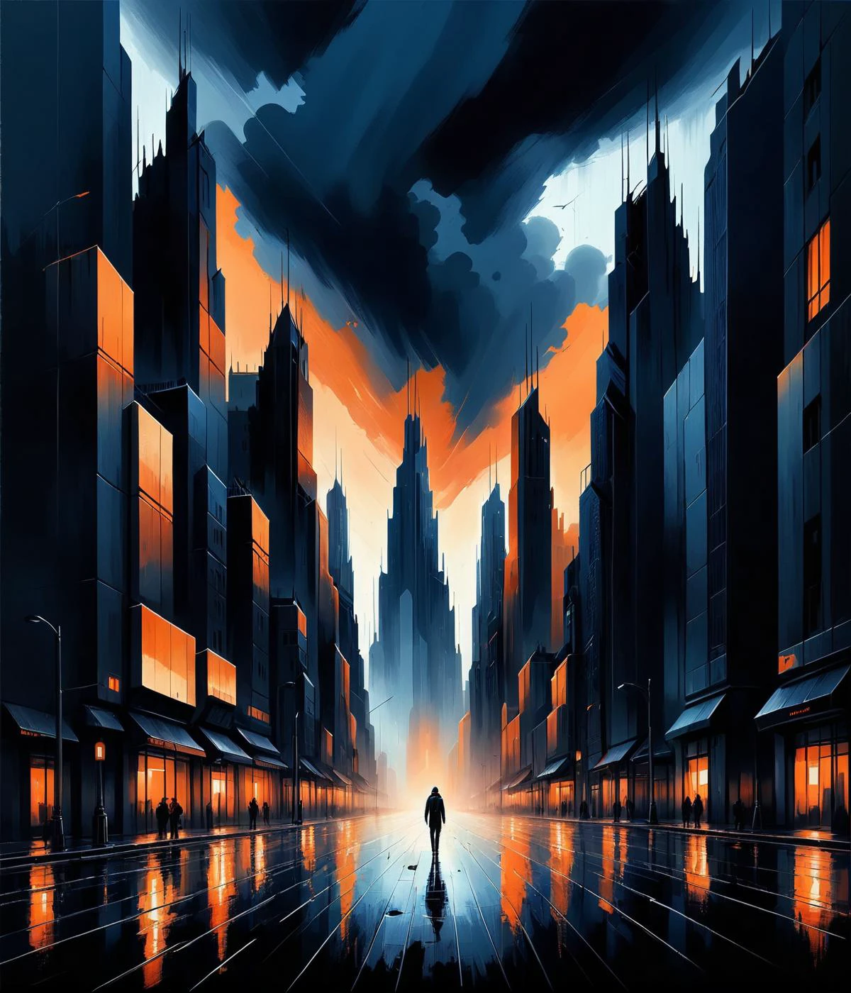 a painting, aestheticism, city background, stormy, dark blue and orange colors, Alena Aenami, Nicholas Sparks, dvr-shrp, <lora:dvr-shrp:1>