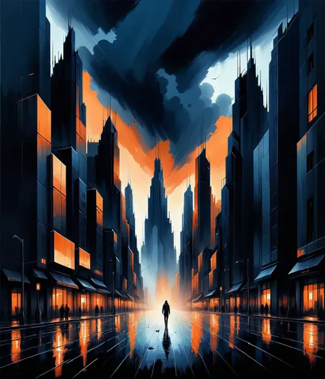a painting, aestheticism, city background, stormy, dark blue and orange colors, Alena Aenami, Nicholas Sparks, dvr-shrp, <lora:dvr-shrp:1>
