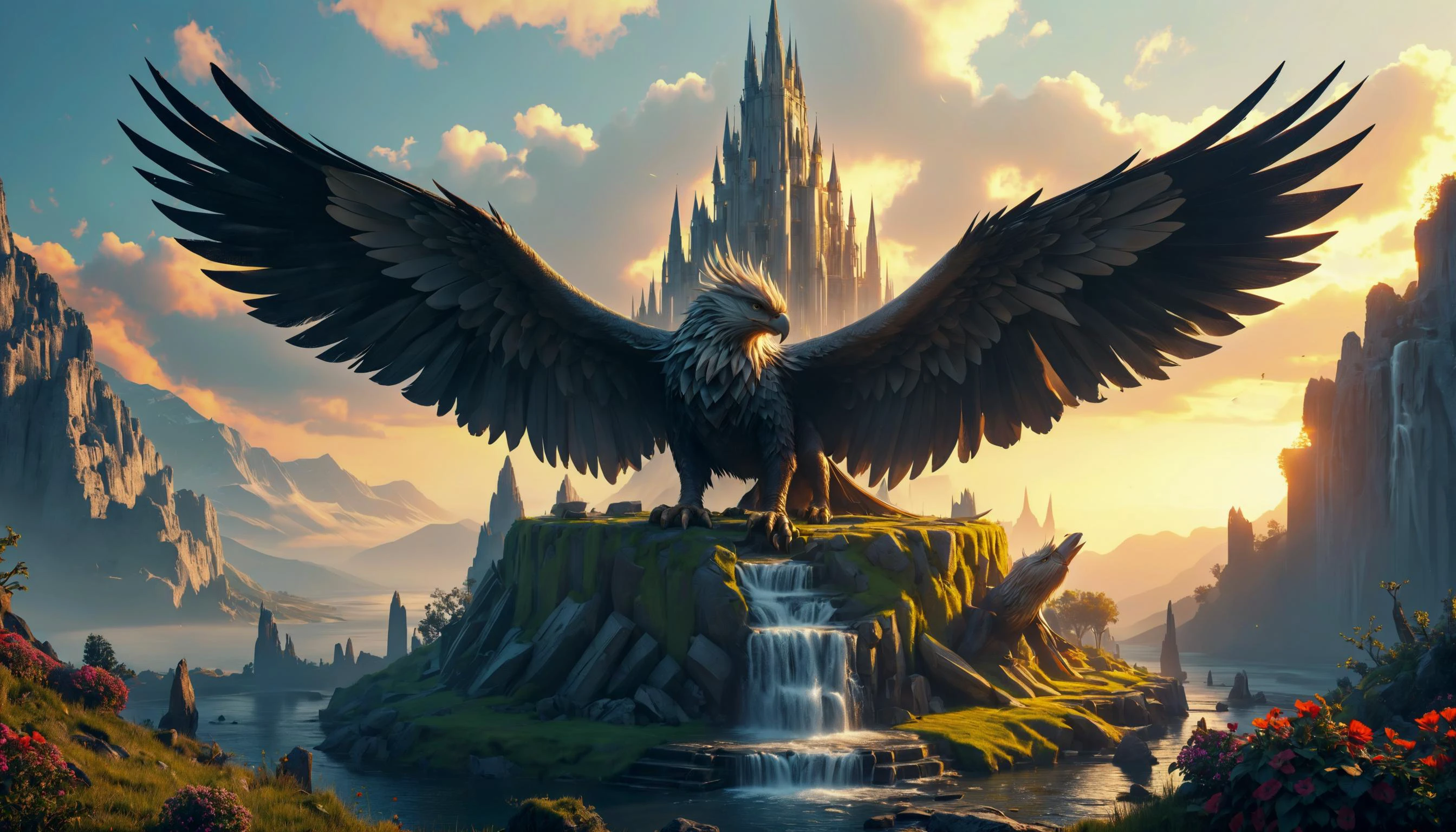Dive into a mesmerizing fantasy realm inspired by an ancient Rome and the ethereal landscapes of lucid dreamscapes. Highlight the enchanting atmosphere with winds of magic gently moving wild ivies thriving in an enchanted, lush appendix surrounding ivory tower crater ruled by a (gryphon:1.2) perched on the peak. Utilize HDR and ray tracing techniques to enhance the visual impact of the sunset and realism of the scene. Be captivated by the interplay of light and shadow, vibrant colors, and intricate details. Let your imagination go wild!