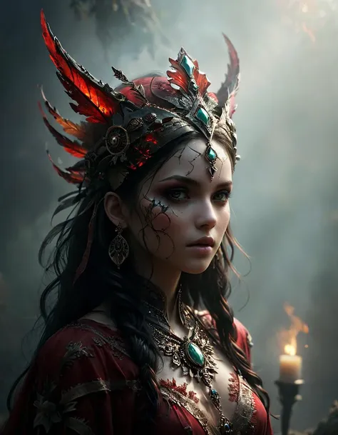 Capture the ethereal presence of a powerful goddess of blood crouching in front of a portal. Emphasize her deep wounds bleeding profusely, ornamental headgear made of bones and flesh, revealing regal gown, iron jewellery, and beautiful bright burgundy eyes. Focus on an evil grin and intimidating gaze. Surround her with blood and a backdrop of dusk and smoke, light depth, dramatic atmospheric lighting, 