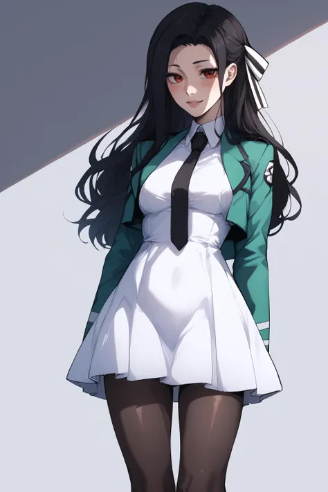 score_9, score_8_up, score_7_up, BREAK source_anime, <lora:Mayumi Saegusa-PonyXL-lora-Faxtron:0.8> mayumi saegusa, long hair, medium breasts, striped ribbon, cropped green jacket, long sleeves, white dress, black necktie, pantyhose,