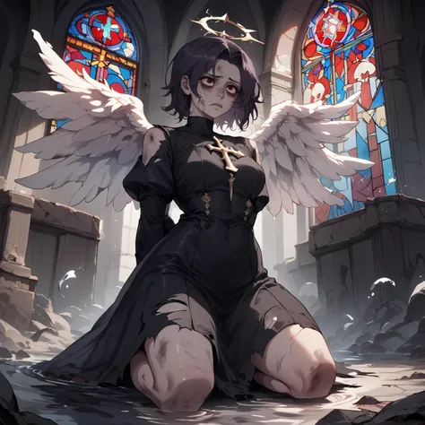 score_9, score_8_up, score_7_up, score_6_up, score_5_up, score_4_up,

dark church, destroyed church pews, stained glass, grimdark fantasy,

1girl, solo,

raven hair, mole under eye, red eyes, black angel wings, broken halo, kneeling, defeated villainess, bags under eyes, water, arms behind back, dirty,

 black dress, tattered clothes,looking down,