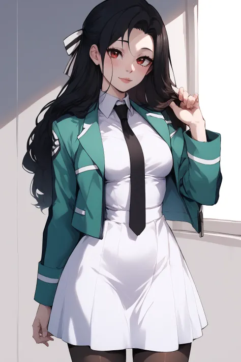 score_9, score_8_up, score_7_up, BREAK source_anime, <lora:Mayumi Saegusa-PonyXL-lora-Faxtron:0.8> mayumi saegusa, long hair, medium breasts, striped ribbon, cropped green jacket, long sleeves, white dress, black necktie, pantyhose,