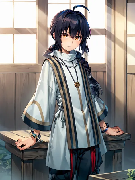 (extremely detailed CG), (best quality), perfect face, shiny skin, lustrous skin,wide hips,   1girl,solo , <lora:SaberTakeru-10:0.8> SaberTakeru,sandals,bracelet,brown eyes,single braid, ponytail,black pants,short hair,pants,hair between eyes,japanese clothes,necklace,braid, ahoge,1boy,male focus,bangs,black hair,long hair, standing, serious,hands on back,indoors,