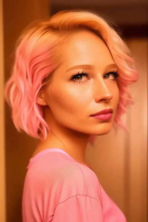 a photo of (((medium body))) gulcinergul01, brown eyes, blonde, pink skin, 1girl, solo, short hair, chin length blunt hair, collar wearing, Photorealistic, Hyperrealistic, Hyperdetailed, analog style, detailed skin, (Foundation - Lighter Shade, Concealer - Lighter Shade, Highlighter, Brightening Primer, Illuminating Powder, Color Corrector - Peach or Pink Tones), Alexander McQueen-inspired winter look for women, soft lighting, subsurface scattering, realistic, masterpiece, best quality, ultra realistic, 8k, golden ratio, Intricate, High Detail, film photography, soft focus, RAW candid cinema, 16mm, color graded portra 400 film, remarkable color, textured skin, remarkable detailed pupils, realistic dull skin noise, visible skin detail, skin fuzz, dry skin, shot with cinematic camera, detailed skin texture, (blush:0.5), (goosebumps:0.5), from side, matte skin, <lora:GulcinErgul01-000003:1>