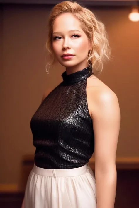 a ((full body)) of woman gulcinergul01 with brown eyes with waist, with closed formal t-shirt with closed collar, (autumn outfit), black outfit, bare shoulders, round collar, platinum white hair, very short hair with High Crown ((Braid)), <lora:GulcinErgul01-000003:1>, <lora:add_detail:1>, Foundation, Concealer, Primer, BB Cream, CC Cream, Setting Powder, Blurring Stick, Tinted Moisturizer, Color Correctors, from side, detailed skin texture, (blush:0.5), (goosebumps:0.5), subsurface scattering, Photorealistic, Hyperrealistic, Hyperdetailed, analog style, detailed skin, matte skin, soft lighting, subsurface scattering, realistic, heavy shadow, masterpiece, best quality, ultra realistic, 8k, golden ratio, Intricate, High Detail, film photography, soft focus, RAW candid cinema, 16mm, color graded portra 400 film, remarkable color, ultra realistic, textured skin, remarkable detailed pupils, realistic dull skin noise, visible skin detail, skin fuzz, dry skin, shot with cinematic camera, cyberpunk vibrant modern vivid backgroud