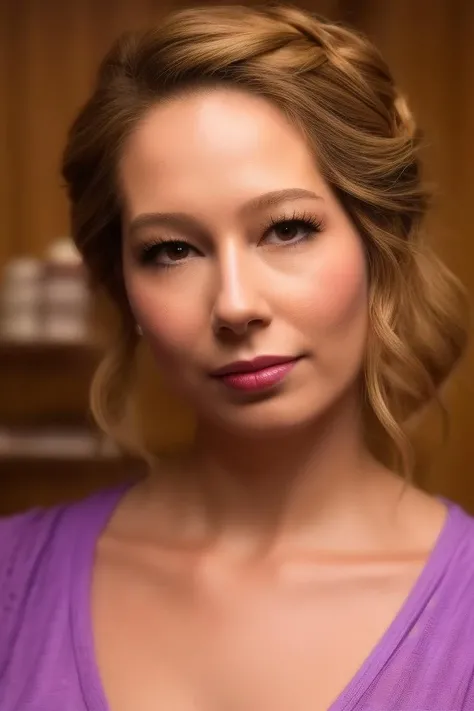 a ((full body)) of woman gulcinergul01 with brown eyes with waist, with formal t-shirt, bare shoulders, round collar, very short hair with High Crown ((Braid)), <lora:GulcinErgul01-000003:1>, <lora:add_detail:1>, Foundation, Concealer, Primer, BB Cream, CC Cream, Setting Powder, Blurring Stick, Tinted Moisturizer, Color Correctors, from side, detailed skin texture, (blush:0.5), (goosebumps:0.5), subsurface scattering, Photorealistic, Hyperrealistic, Hyperdetailed, analog style, detailed skin, matte skin, soft lighting, subsurface scattering, realistic, heavy shadow, masterpiece, best quality, ultra realistic, 8k, golden ratio, Intricate, High Detail, film photography, soft focus, RAW candid cinema, 16mm, color graded portra 400 film, remarkable color, ultra realistic, textured skin, remarkable detailed pupils, realistic dull skin noise, visible skin detail, skin fuzz, dry skin, shot with cinematic camera, purple vibrant modern vivid backgroud