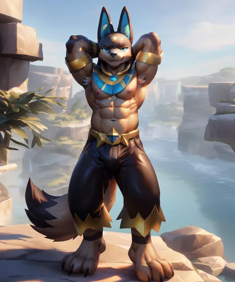 ((by lindong:1.2),(by null-ghost:0.7),(by takahirosi:0.7)),
anubispal,solo,looking at viewer,teeth,full body,anthro,anubian jackal,clothing,canid,feet,anatomically correct,symmetrical,ultra realism shading,
abs,huge pectorals,nipples,
((arms up,arms behind head, )),((armpits)),
cinematic lighting,outdoors,
(hdr,ambient light,tail, Indirect light,specular lighting,Volumetric lighting,global illumination,raytracing,Lumen Reflections),Insanely Detailed,high quality,4k,hi res,
<lora:anubispal_YMv3:0.6>,rock,quarry,