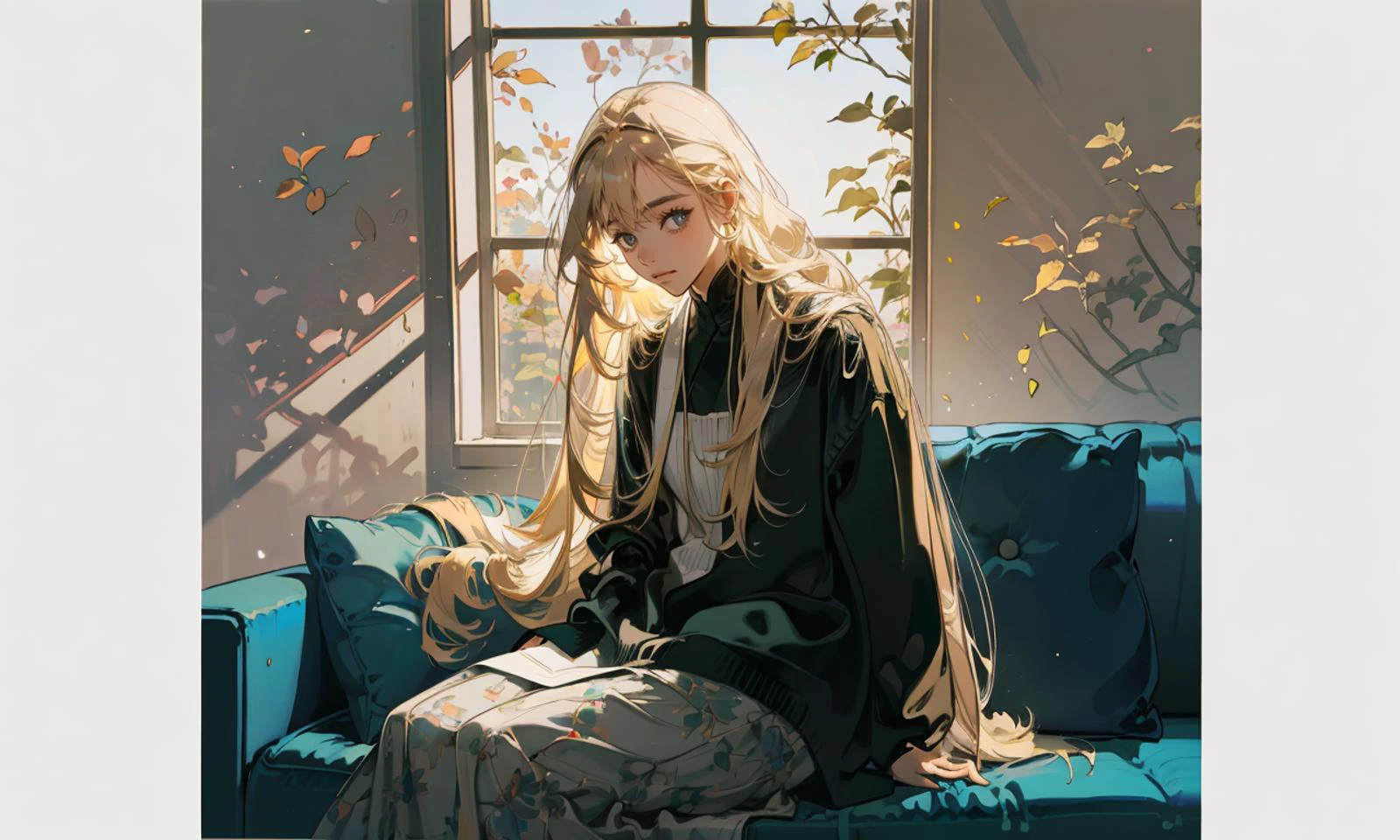 1girl, flowing blonde hair, grey background, leaf, looking at viewer, sitting on a sofa, reflection, solo, mirrors, window , melancholy <lora:loahrenrustyle_noise:0.85> PASTLIGHT <lora:HBD4:0.25> heibaidiao, silhouette, light and shadow, chiaroscuro, heavy shadow, pastel colors, , masterpiece, absurdres, <lora:AMB-Chromatic_Taleweaver-10:0.25> Chromatic_Taleweaver <lora:EF-Painted_poster_V1:0.5> Painted poster, 1girl<lora:EF-GoodHands-beta2:0.5><lora:EF-GoodHands-beta2:0.5>