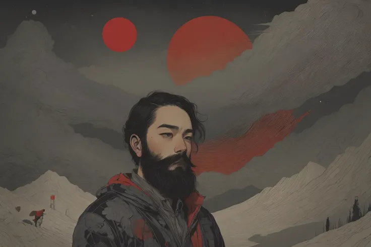 1boy, beard, gazing at the end of time, artistic painting by Yuko Shimizu, red theme
 <lora:Chromatic_Taleweaver-10:0.7> chromatic_taleweaver