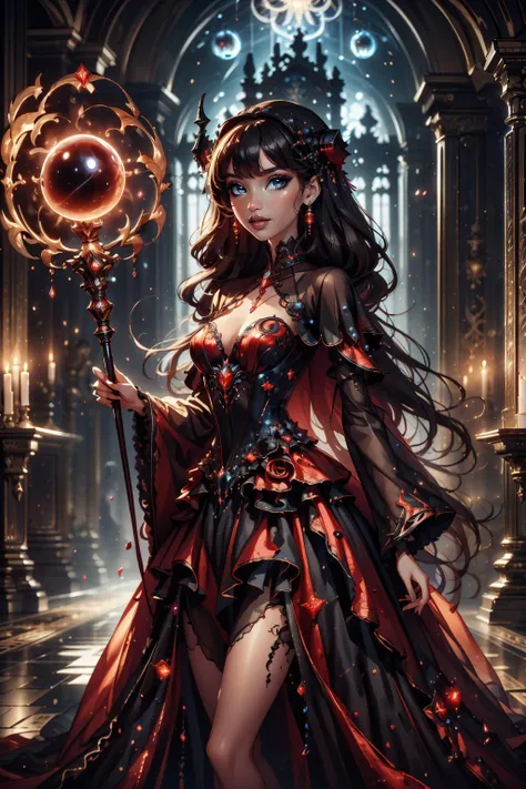 ((best quality)), ((masterpiece)), (intricate details, hyperdetailed:1.15), 35mm, bokeh, (perfect face, highest detailed face), (cowboy shot), fashion photography of bratz, <lora:bratz3-01:0.7>, lips, large breasts, beautiful, makeup, mascara, lip gloss, perfect eyes, long eyelashes, long hair, smile, looking at viewer, (wearing a black and red bioluminescent ballgown), <lora:edgBallgown_MINI:1>, black and red bioluminescent dress, <lora:bioluminescent_dress-1.0:0.7>, wielding a black orbstaff, swirling mist, <lora:1.5_Weapon_Orbstaff_-_By_HailoKnight:0.8>, glow, (bloom), (gothic graveyard background:1.3)