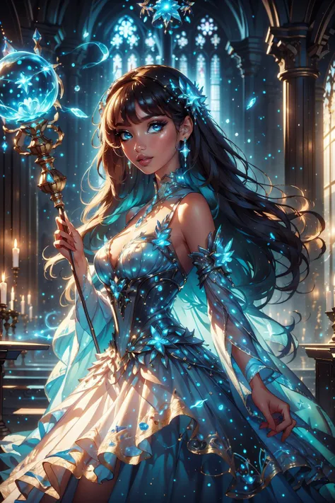((best quality)), ((masterpiece)), (intricate details, hyperdetailed:1.15), 35mm, bokeh, (perfect face, highest detailed face), (cowboy shot), fashion photography of bratz, <lora:bratz3-01:0.7>, lips, large breasts, beautiful, makeup, mascara, lip gloss, perfect eyes, long eyelashes, long hair, smile, looking at viewer, (wearing a bioluminescent ballgown), <lora:edgBallgown_MINI:1>, bioluminescent dress, <lora:bioluminescent_dress-1.0:0.7>, wielding an blue orbstaff, casting thunder spells, <lora:1.5_Weapon_Orbstaff_-_By_HailoKnight:0.8>, glow, (bloom), beautiful girl modeling, (old church background:1.3)