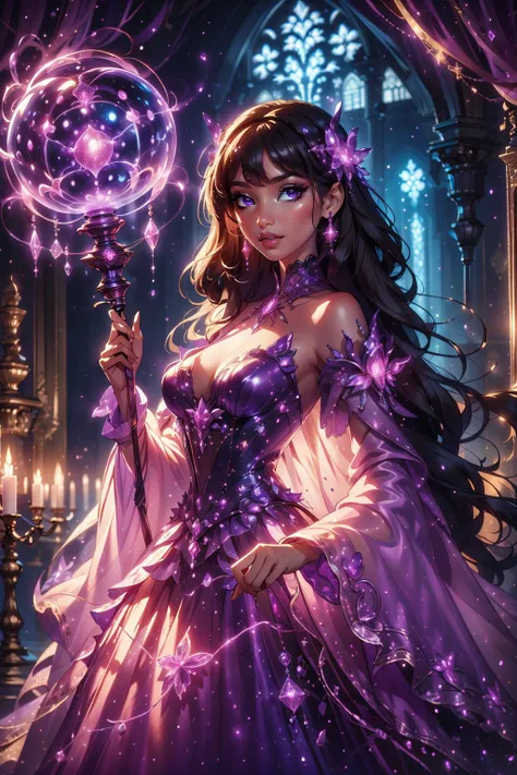((best quality)), ((masterpiece)), (intricate details, hyperdetailed:1.15), 35mm, bokeh, (perfect face, highest detailed face), (cowboy shot), fashion photography of bratz, <lora:bratz3-01:0.7>, lips, large breasts, beautiful, makeup, mascara, lip gloss, perfect eyes, long eyelashes, long hair, smile, looking at viewer, (wearing a purple bioluminescent ballgown), <lora:edgBallgown_MINI:1>, purple bioluminescent dress, <lora:bioluminescent_dress-1.0:0.7>, wielding a purple orbstaff, swirling purple mist, <lora:1.5_Weapon_Orbstaff_-_By_HailoKnight:0.8>, glow, (bloom), (dark castle background:1.3)