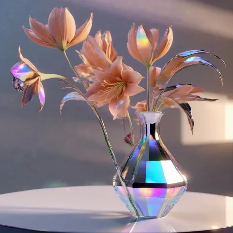 <lora:holographic1_10xl-10:1>,holographic,a glass vase with flowers in it on a table top with a mirror background and a light reflecting off the glass,translucent glass,holographic ray,holographic structure,glowing,clear glass,no humans,flower,simple background,crystal peach blossom,