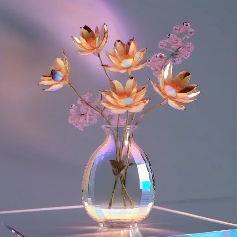 <lora:holographic1_10xl-10:1>,holographic,a glass vase with flowers in it on a table top with a mirror background and a light reflecting off the glass,translucent glass,holographic ray,holographic structure,glowing,clear glass,no humans,flower,simple background,crystal peach blossom,translucent flower,there are 3 kinds of translucent flowers with violet and peach blossom,