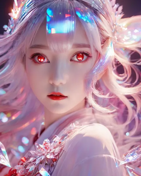 <lora:xl-holographic-å¨æ¯V20:0.9>,holographic,1girl,high quality exquisite wallpaper,wide_shot,red eyes,white hair,