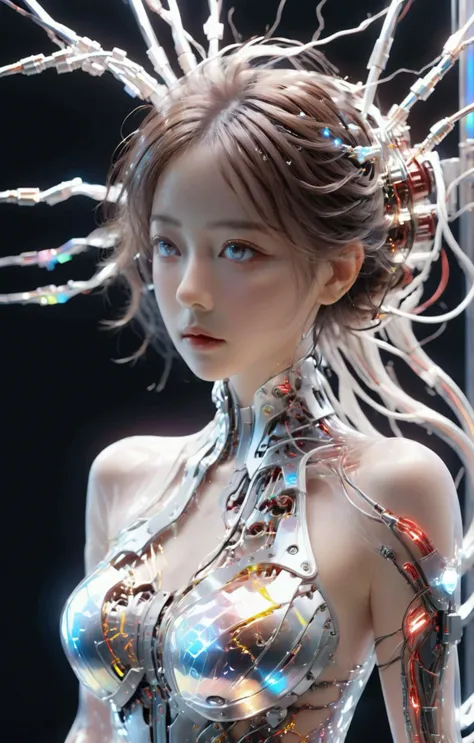 Top Quality, Masterpiece, Ultra High Resolution, (Photorealistic: 1.4), Raw Photo, 1 Girl, Black Hair, Glossy Skin, 1 Mechanical Girl, (Ultra Realistic Details)), Portrait, Global Illumination, Shadows, Octane Rendering, 8K, Ultra Sharp, Big, Cleavage Exposed Raw Skin, Metal, Intricate Ornament Details, Egyptian Details, Very intricate details, realistic light, CGSoation trend, purple eyes, glowing eyes, facing the camera, neon details, mechanical limbs, blood vessels connected to the tube, mechanical vertebrae attached to the back, mechanical cervical attachment to the neck, sitting, wires and cables connecting to the head, evangelion, small LED lamp,